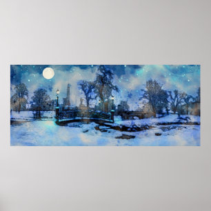 Poster Painting of winter night in city park