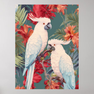 Poster Paire de Cockatoès dans un arbre à fleurs