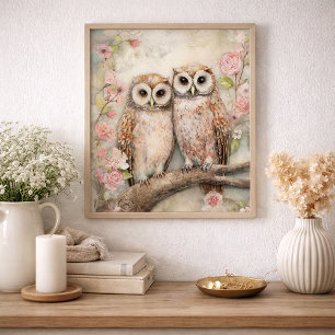 Poster Paire de hiboux romantiques Fleurs Nature Cottage