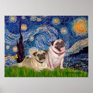 Poster Paire de Pug (fauve) - Nuit étoilée