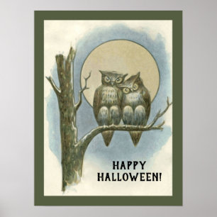 Poster Paire d'Halloween vintage de hibou assis Lune de n