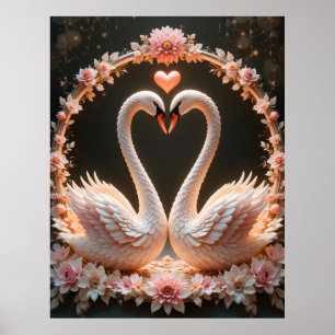 Poster Paire romantique de cygnes élégants parmi les fleu