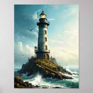 Poster Paisible phare avec mouette dans la mer du nord