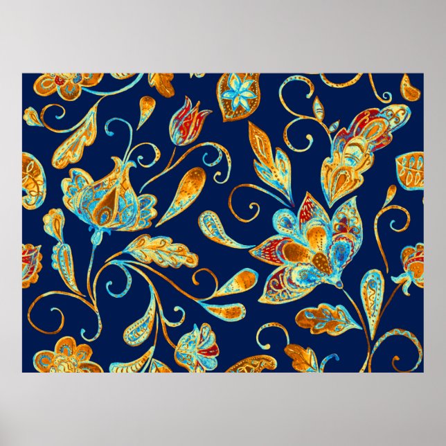 Poster Paisley aquarelle motif floral tuile : fleurs, f (Devant)
