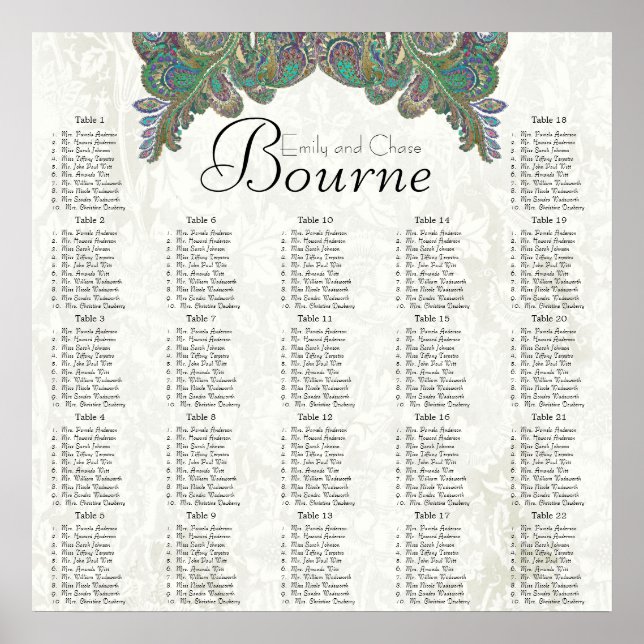 Poster Paisley Peacock Couleurs Réception Carte de siège (Devant)