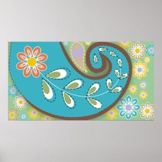Poster Paisley turquoise rétro avec fleurs