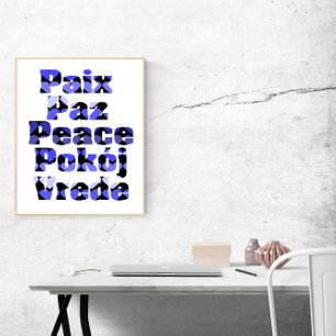 Poster Paix en plusieurs langues Cœurs bleus
