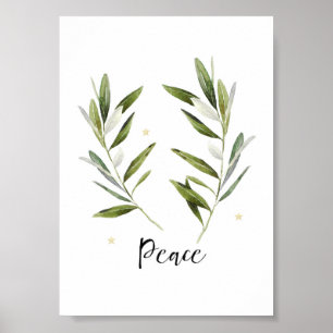 Poster PAIX feuille d'olive Noël Vacances aquarelle
