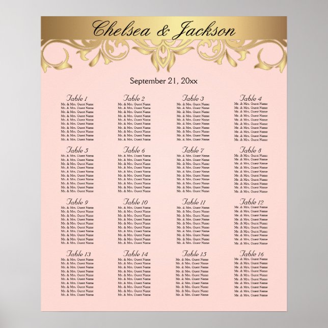 Poster Pale Blush et Gold Design - 16 Seating Chart (Devant)