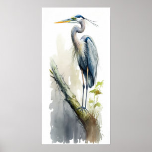 Poster Pale Majesty Grand Héron Bleu Perché AI Nature