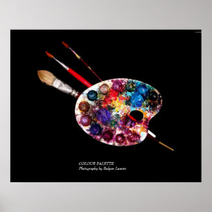 POSTER PALETTE DE COULEURS D'ARTISTE ET PINCEAUX EN NOIR