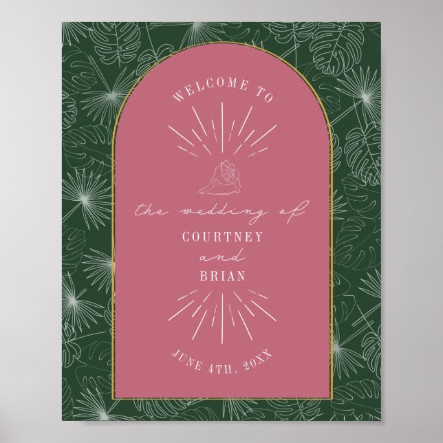 Poster Palm Feuille Coquillage rose vert Mariage Bienvenu (Devant)