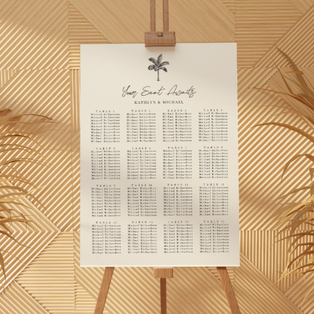 Poster Palm Tree Beach Wedding 16 Table Seating Chart (Créateur téléchargé)
