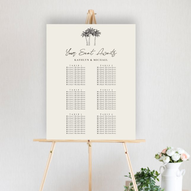 Poster Palm Tree Beach Wedding 6 Table Seating Chart (Créateur téléchargé)