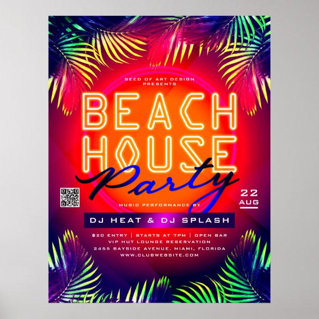 Poster Palm Tree Feuilles Beach House Party Club Événemen (Devant)