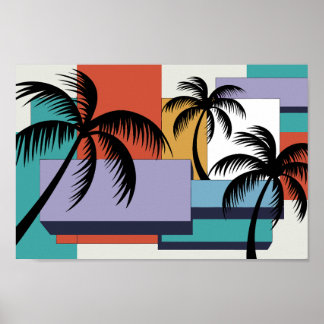 Poster Palmes tropicales sur Arrière - plan de coucher de