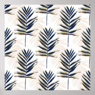 Poster Palmier bleu moderne Feuille Gold Strots Blanc Des