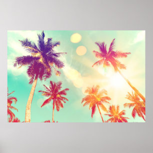 Poster Palmier tropical avec soleil bokeh coloré o