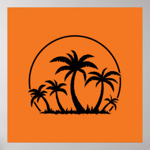 Poster Palmiers et coucher de soleil en noir