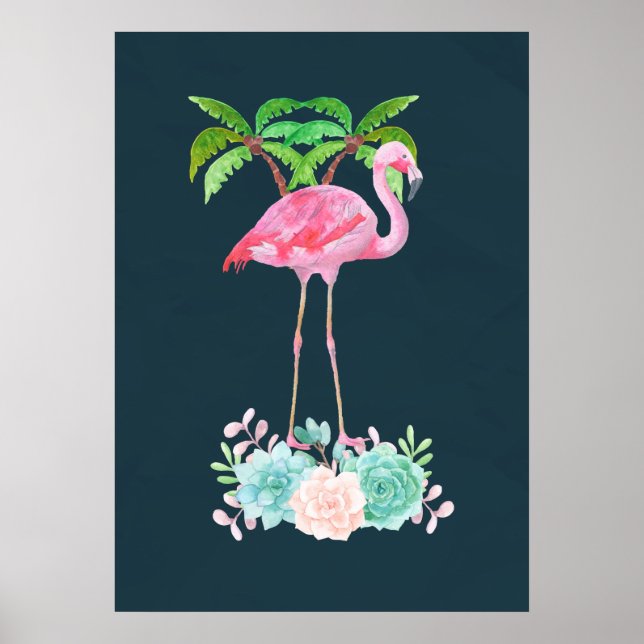 Poster Palmiers Flamants roses roses et succulents florau (Devant)