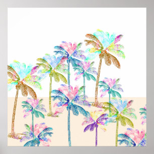 Poster Palmiers hawaïens tropicaux d'aquarelle rose
