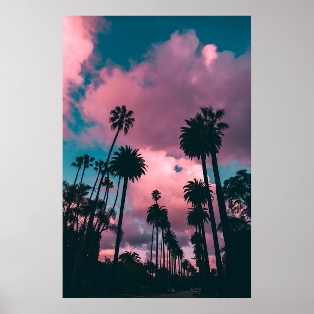 Poster Palmiers Sous Ciel Rose Et Bleu Californie, Uni (Devant)