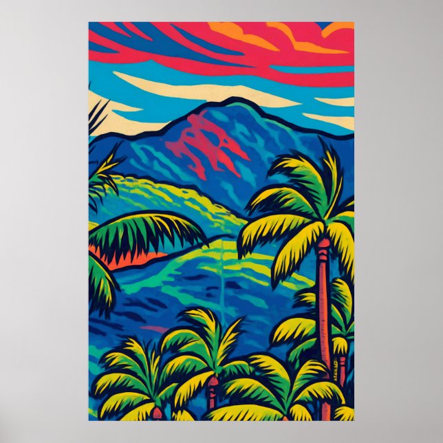 Poster Palmiers tropicaux avec Ko'olau Mountain Pop Art (Devant)