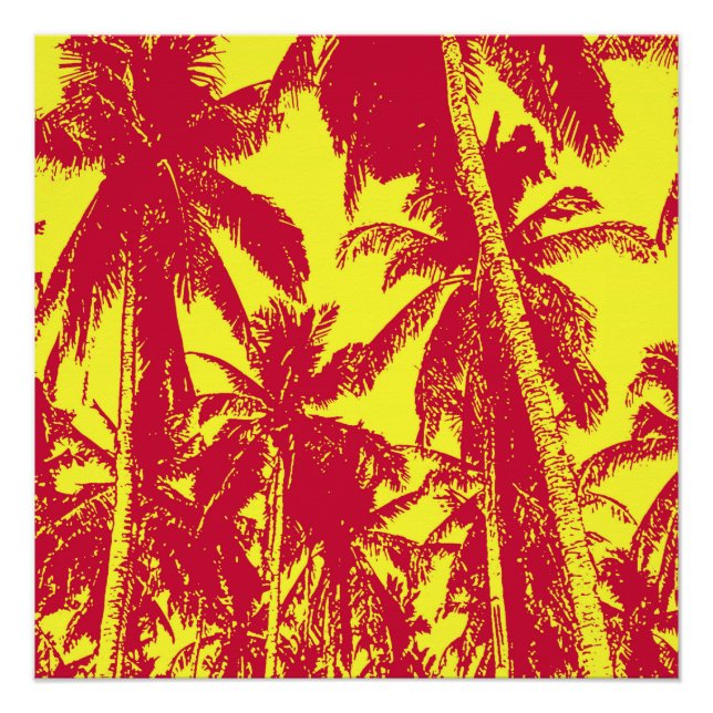 Poster Palmiers tropicaux en rouge et jaune (Devant)
