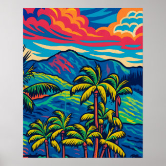 Poster Palmiers tropicaux et Ko'olau Mountain Pop Art