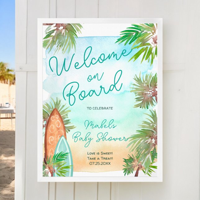 Poster Palmiers tropicaux plage bébé à bord de douche (Tropical palm trees beach baby on board shower poster)