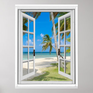Poster Palmiers tropicaux Plage Océan Vue Fake Fenêtre