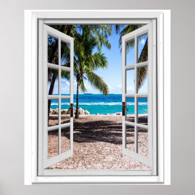 Poster Palmiers tropicaux sur la plage Vue océan Fenêtre  (Devant)