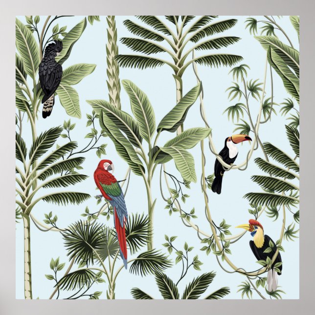Poster palmiers vintages tropicaux, liana, perroquet maca (Devant)
