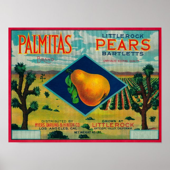 Poster Palmitas Pear Crate Label Antelope Valley, CA (Devant)