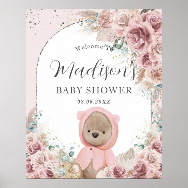 Poster Pampas Grass Blush Floral Cute Teddy Bear Arche (Devant)