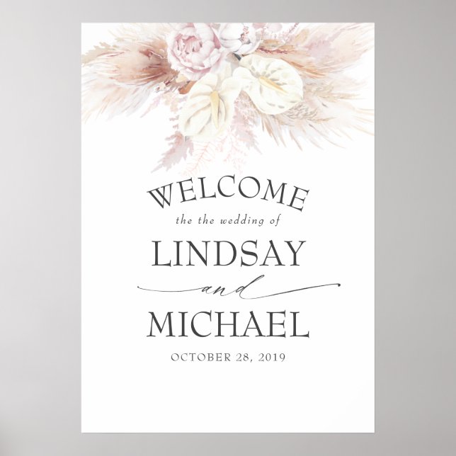 Poster Pampas Grass et Anthuriums blancs Mariage Bienvenu (Devant)