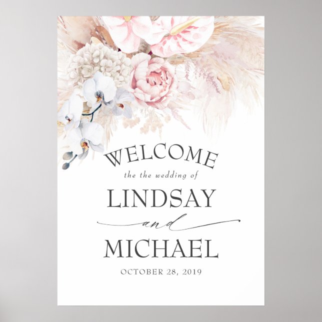 Poster Pampas Grass et Anthuriums rose Mariage Bienvenue (Devant)