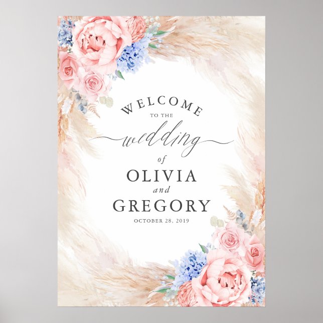 Poster Pampas Grass Floral Dusty Blue Mariage Bienvenue (Devant)
