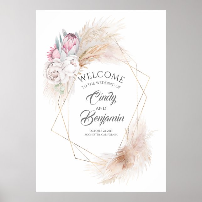 Poster Pampas Grass Rose King Protea Chic Mariage Bienven (Devant)