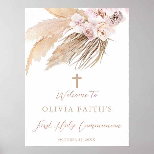 Poster Pampas herbe boho première communion signe de bien (Devant)