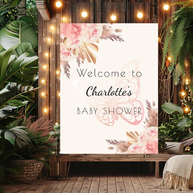 Poster Pampas rose papillon rose Baby shower bienvenue (Créateur téléchargé)