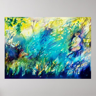 POSTER PAN PLAYING FLUTE AND DEER IN GREEN WOODLAND
