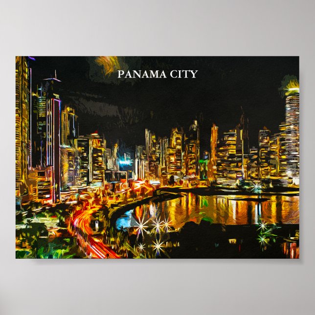 Poster Panama City By Night Aquarelle Peinture Skyline (Devant)