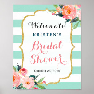 Poster Pancarte de Baby Shower Moderne Floral Vert Menthe
