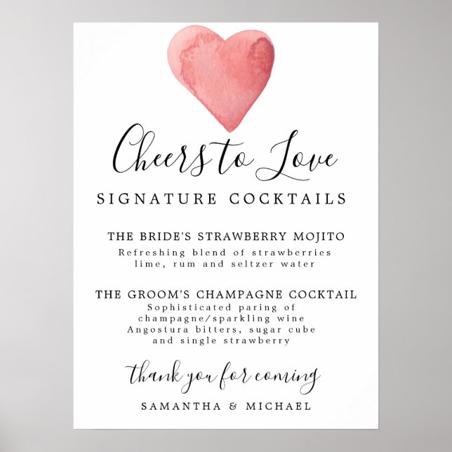 Poster Pancarte de bar de mariage pour cocktails Red Hear (Devant)