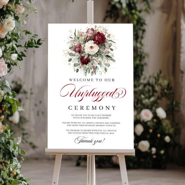 Poster Pancarte de cérémonie rustique rose burgundy débra (Rustic Blush Burgundy Unplugged Ceremony Sign)
