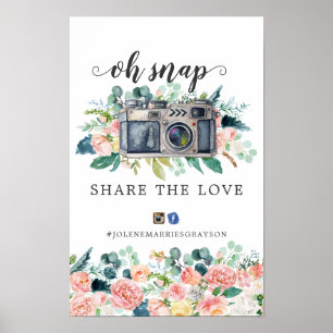 Poster Pancarte de hashtag de mariage floral d'été rougis