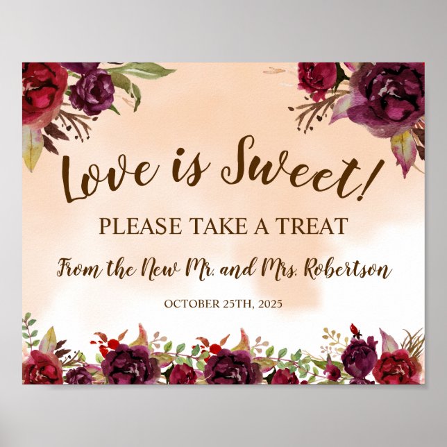 Poster Pancarte de mariage Burgundy Love is Sweet pour la (Devant)