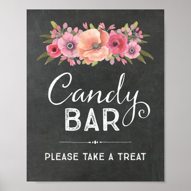 Poster Pancarte de mariage candy bar aux fleurs aquarelle (Devant)