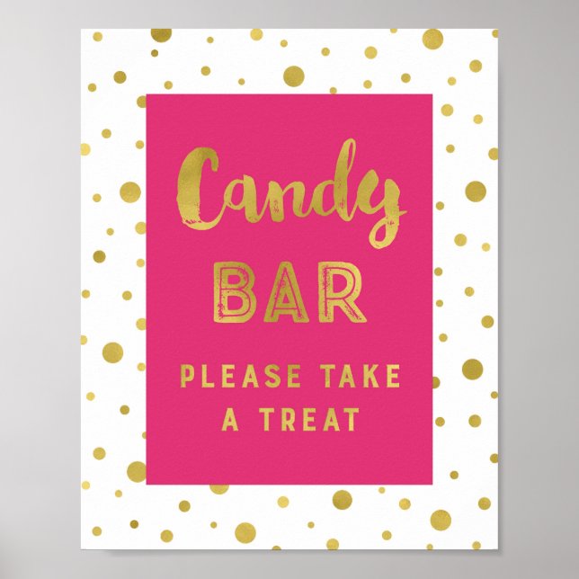 Poster Pancarte de mariage Candy Bar rayures rose vif or (Devant)